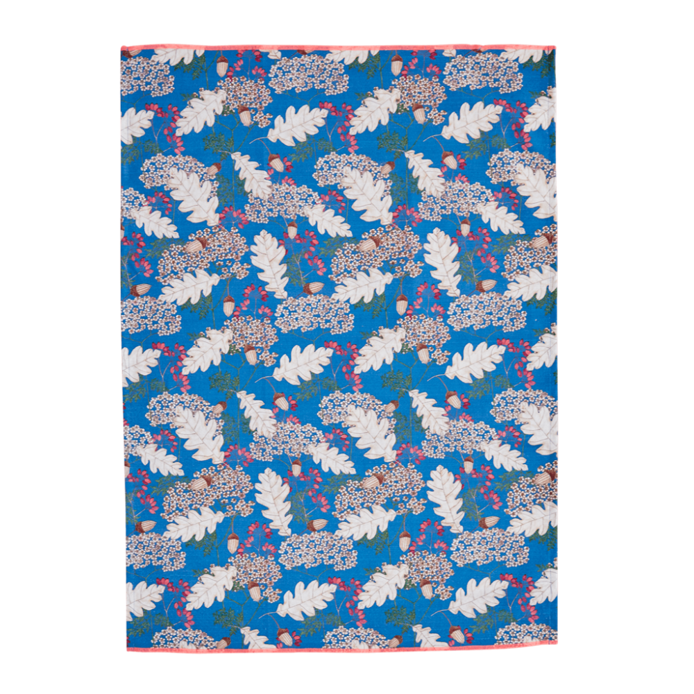 Cotton Tea Towel Blue Autumn & Acorn Print By Rice DK